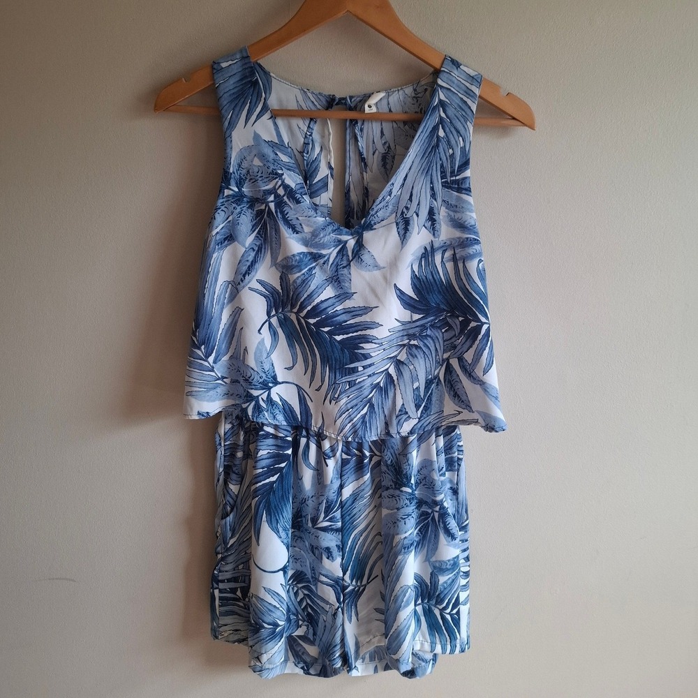 Tyche Flowy Botanical Romper Tiered Overlay Boho Chic Coastal Beach Resort Sz S